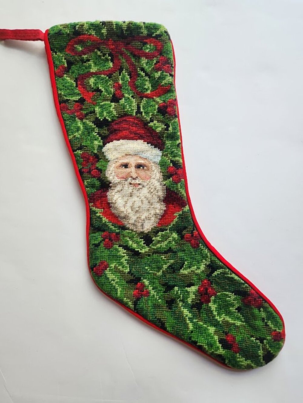 Vintage Handmade Christmas Wool Needlepoint Stocking Santa & Holly Christmas